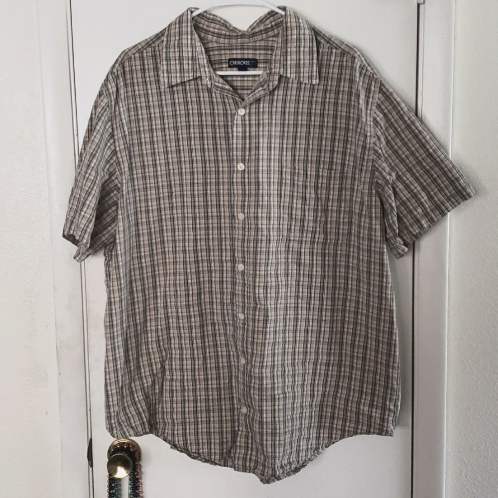 Cherokee Tan/Green & Blue Plaid 100% Cotton Button Up Short Sleeve Shirt SZ XXL